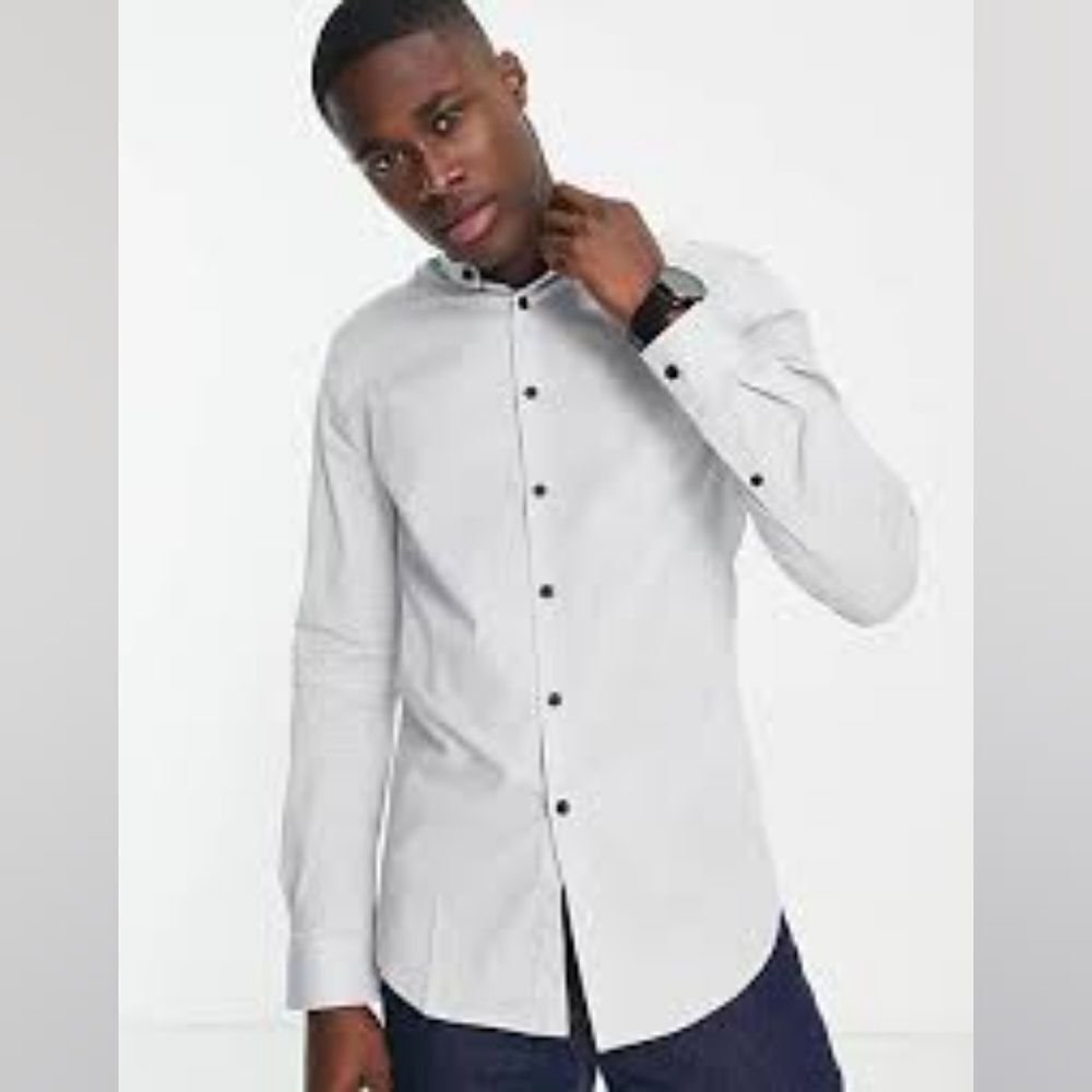 ASOS Design Grandad Collar Skinny Shirt Grey Size‎ Small NWT